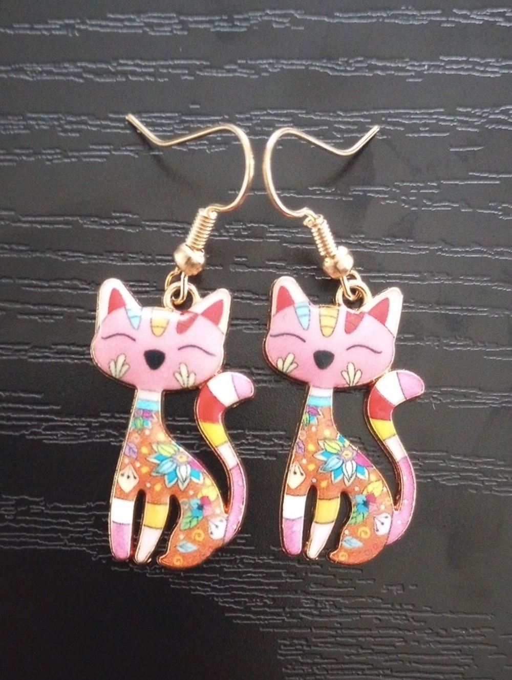 Pink Floral Multicolor Golden Cat Kitten Dangle Earrings